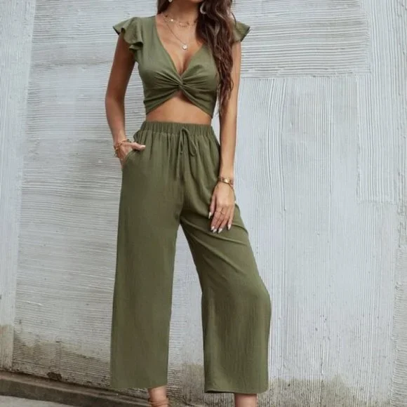 OLIVE Ruffle Trim Twist Top With Pants - Picture 5 of 12